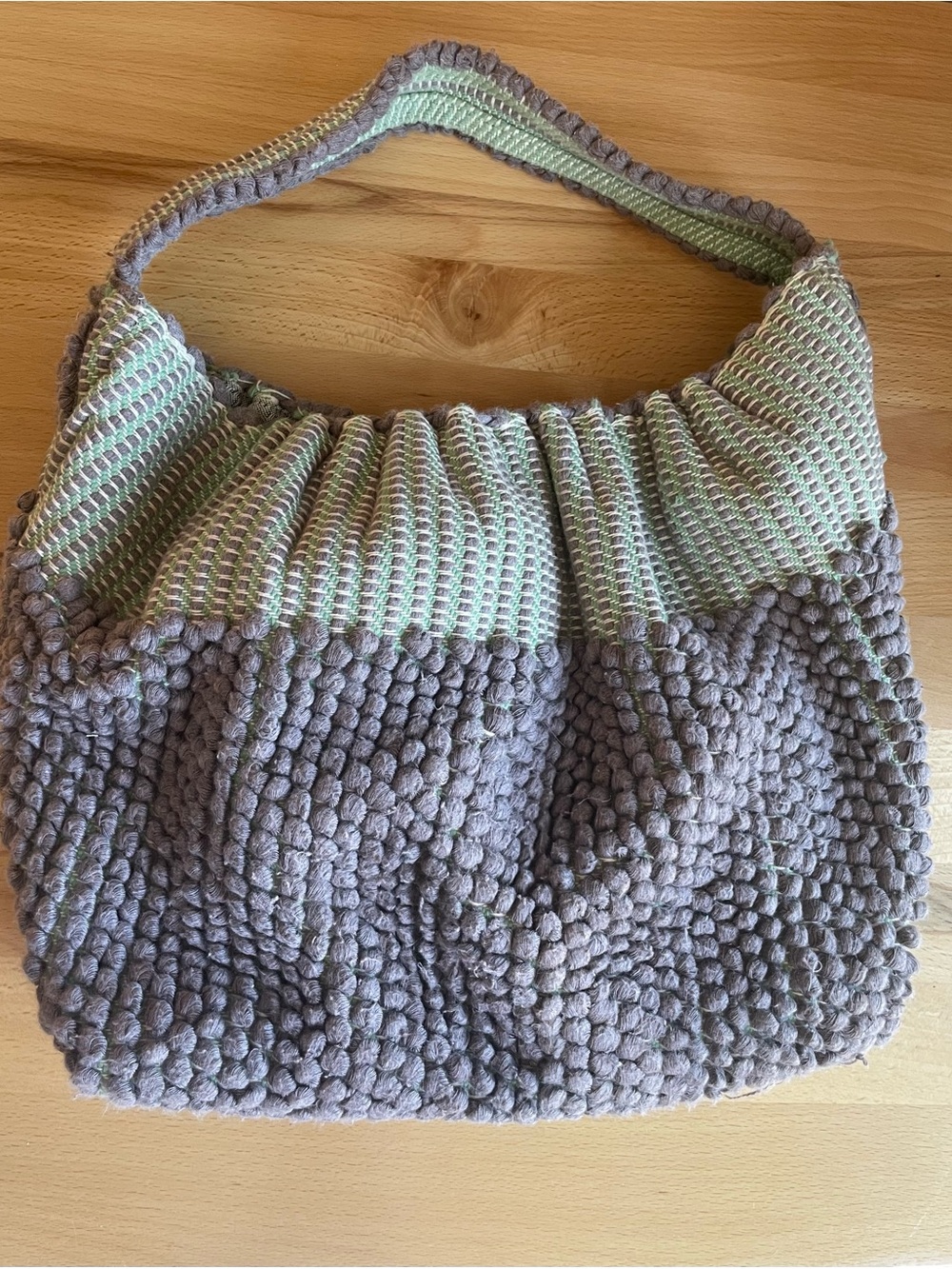 Handcrafted Textured Knit Shoulder Bag in Grayish Purple and Mint